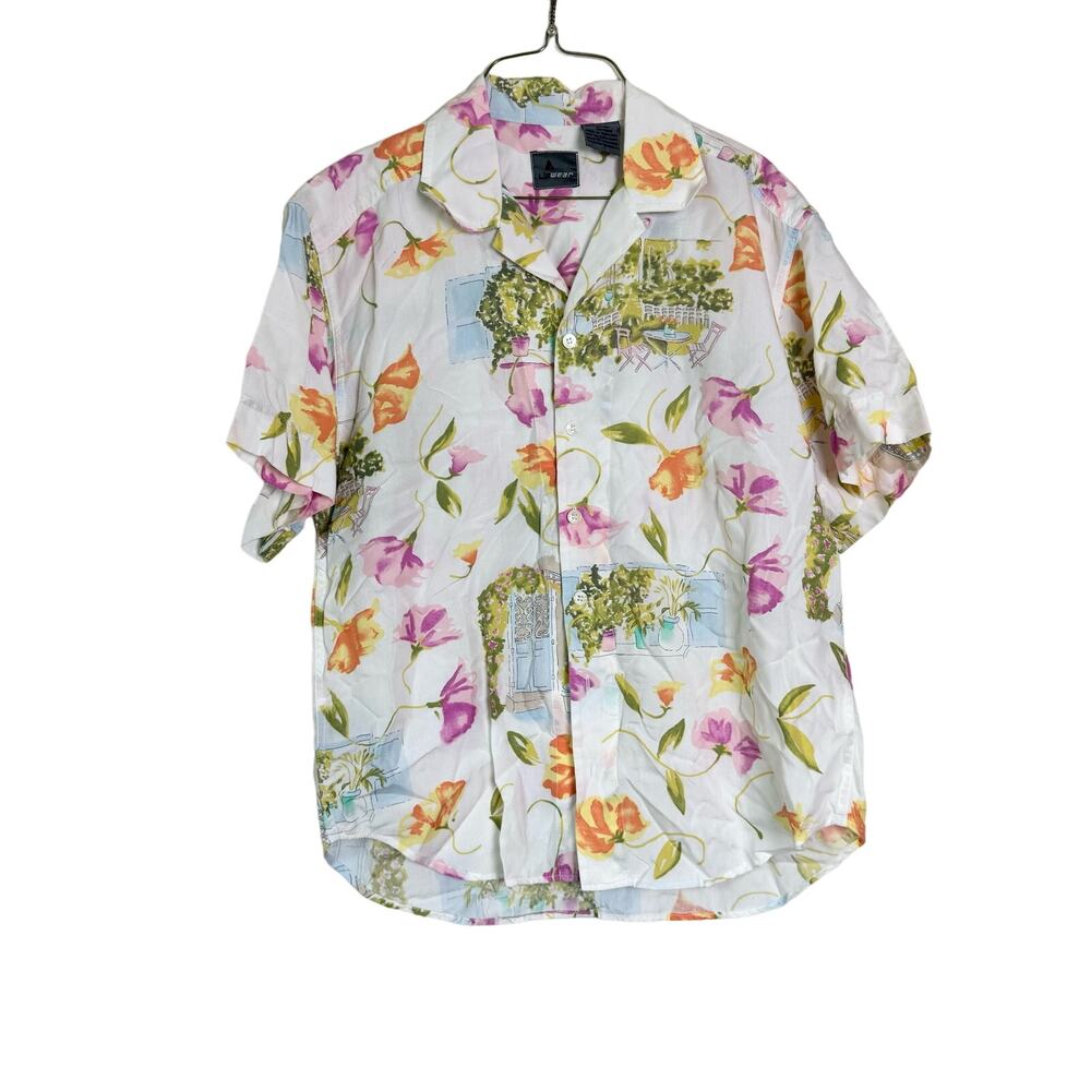 Liz Wear VINTAGE white‎ pastel floral garden scene button up blouse Size MEDIUM